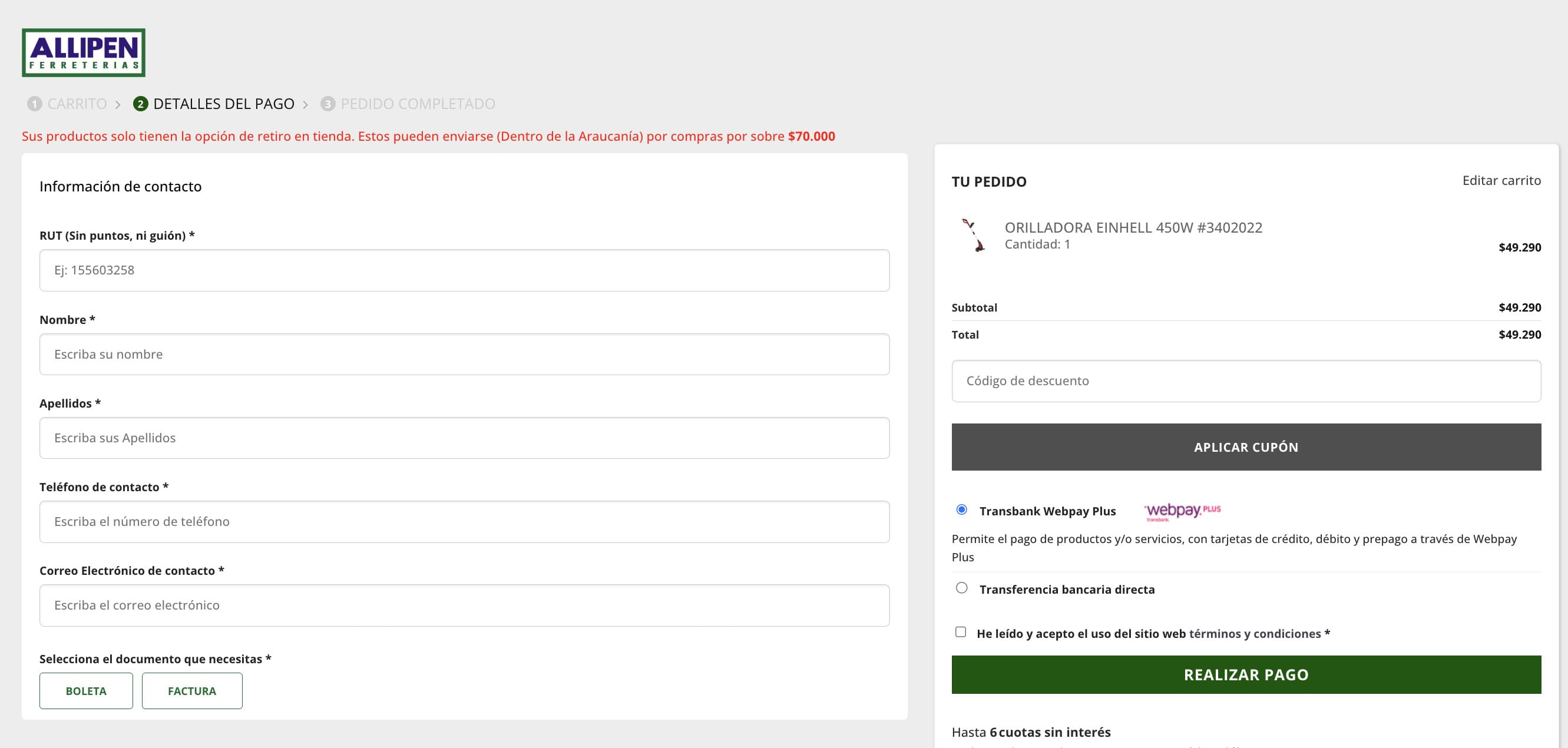 Proceso de checkout de Allipen